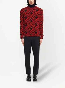 PRADA $1100 Mens Red Black Abstract Geometric Print Wool Pullover Sweater 56/3XL - Picture 1 of 3