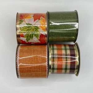 Fall-Inspired 2.5" x 9 Yards Ribbons 4 Qty. Set Maple Leaves Plaid Orange Green - Picture 1 of 6