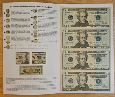 RARE 2013 $20 Federal Reserve STAR Note Uncut Sheet of 4 BEP Folder MINT UNCIRC - Image 1 of 4