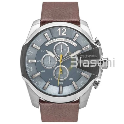 Diesel Original DZ4281 Mega Chief Men's Silver Brown Leather Strap Watch 51mm - Image 1 of 4