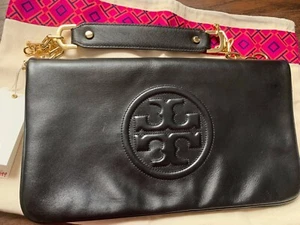 Tory Burch Bombe Reva Clutch Black Leather Gold Chain - Picture 1 of 6