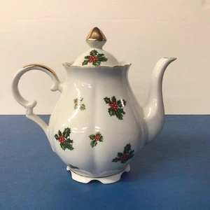 Lefton China Christmas Holly & Berry Teapot Coffeepot 7948 Japan - Picture 1 of 12