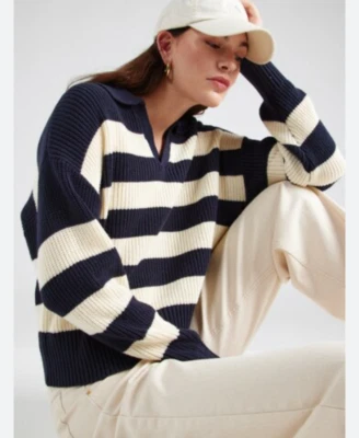 Suéter Levi's Eve Bold Block Rayas Azul Marino Crema Talla Mediana Preppy Foto 1 de 4