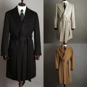 Solid Color Winter Wool Tweed Coat for Men's Thick Overcoat Warm Coat with Belt - Picture 1 of 33