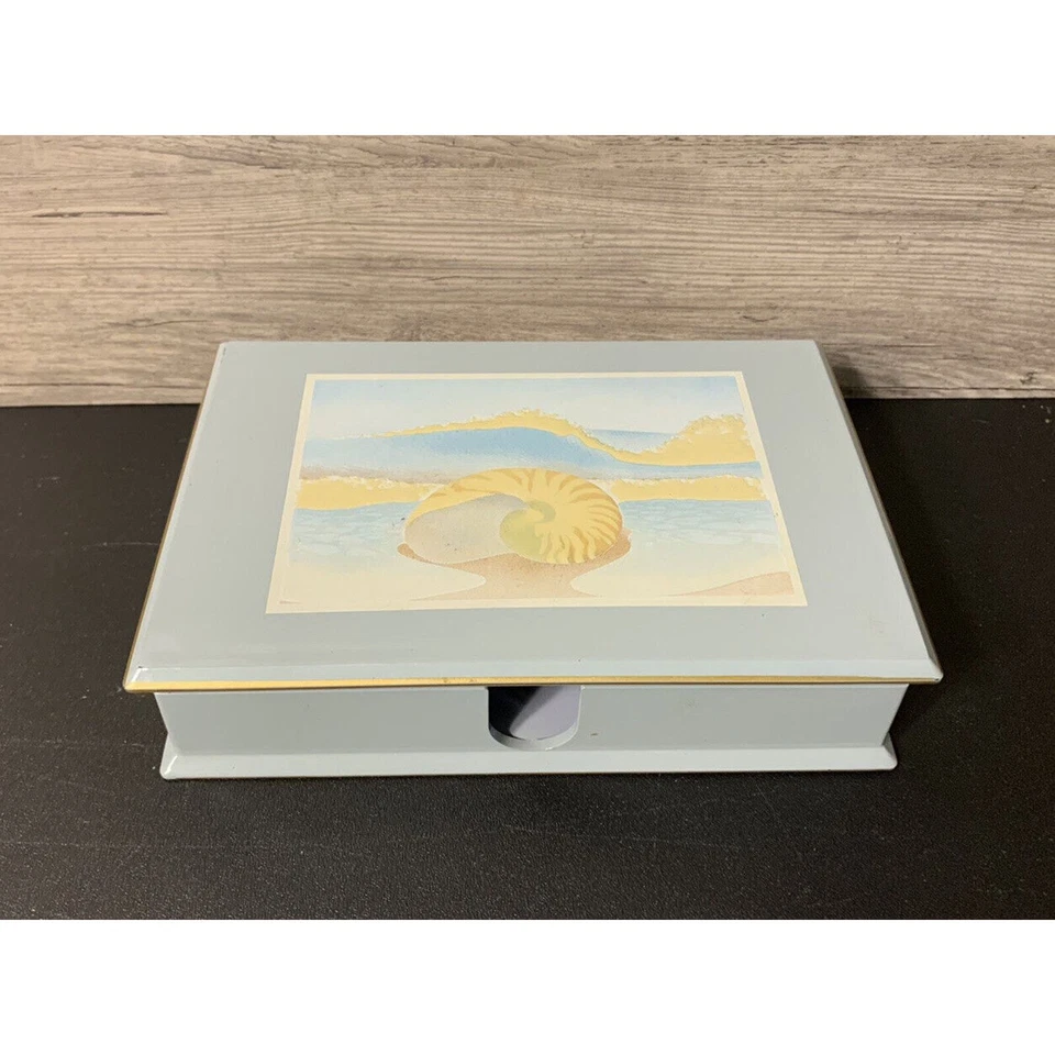 VTG Otagiri Laquer Stationery Box Blue with Gold and Nautilus Shell Shoreline - Image 1 of 4