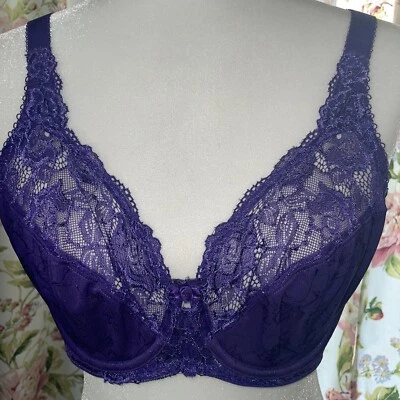 Sujetador 34DD DE COLECCIÓN con aros sin forro transparente Sissy nailon encaje bonito brocado púrpura Foto 1 de 4