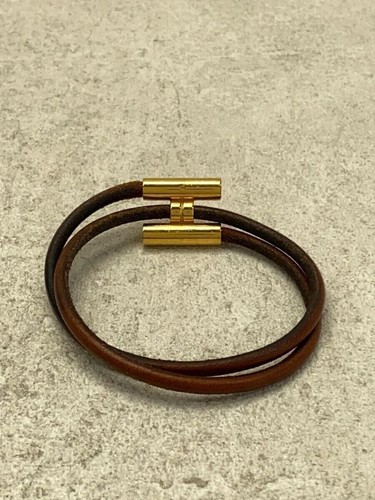 HERMÈS Bracciale doppio HERMES Tournis logo H pelle marrone donna