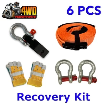 6 Piece Winch Recovery Kit Snatch Strap Hitch Receiver Bow Shackles Gloves 4WD - image 1 of 4