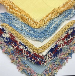 Vintage Lot of 5 Crocheted Edge Hankies Gold Blue, Pastels, Patriotic - K64 - Picture 1 of 1