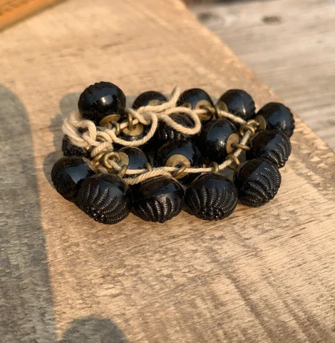Lot 18 Art Deco  Small Black Round Bakelite Buttons Brass Shanks Carved Flower Cover