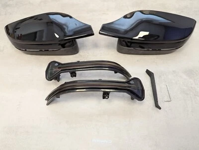 BMW G11 G20 G22 G30 Gloss Black Wing Mirror Caps + Tinted Dynamic Indicators RHD - Image 1 of 4