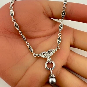 Vintage 925 Sterling Silver Fancy Art Deco Marcasite & Pearl Necklace (16.1g) - Picture 1 of 7