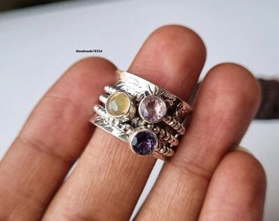 Anillo de amatista y multipiedra plata de ley 925 giratorio hecho a mano anillo de regalo PG344 Foto 1 de 3
