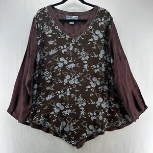 Tienda Ho Blouse Women One Size Asymmetrical Hem V-Neck Long Sleeve Floral Brown - Picture 1 of 11