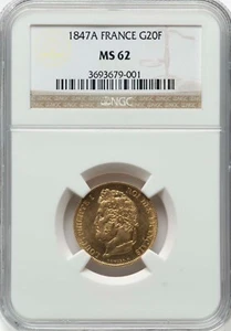 FRANCE , GOLD 20 FRANCS 1847 A - NGC MS 62 , RARE2 - Picture 1 of 2