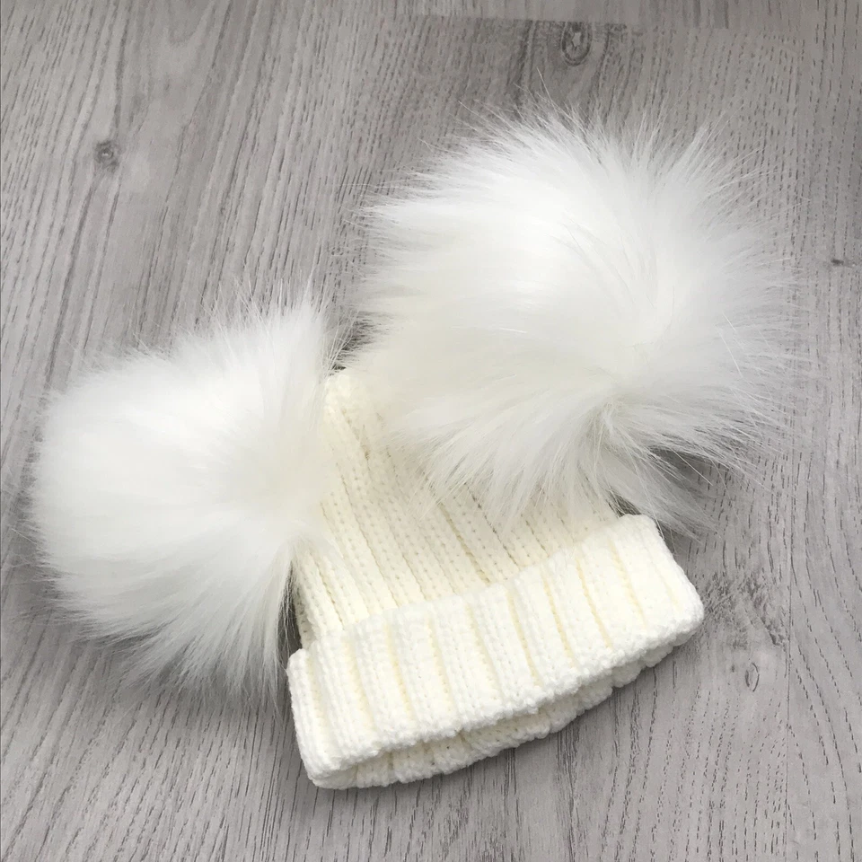 Kinder Cream Knitted Double Pom Pom Hat Size 0-1 Years Girls Boys Kids Childrens