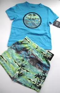 Hurley Toddler Boy's 3T 2 Pc Short Pants Short Sleeve T-Shirt Blue Palm Tree - Picture 1 of 2