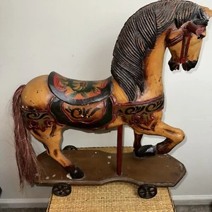 Vintage Antique Hand Carved Wooden Toy Rocking Horse 26” Cast Iron Wheels Brown - Picture 1 of 24