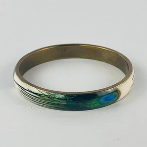 Vintage Peacock Feather Print Green Blue White Enamel Bangle Bracelet - Picture 1 of 4