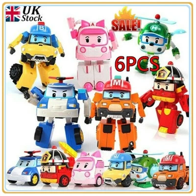 6Pcs Academy Robocar Toy Poli Roy Amber Robots Mark Bucky Transformers Robot Car