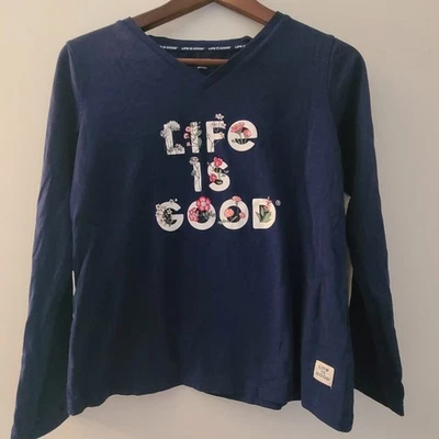 Camisa para dormir LIFE IS GOOD para mujer pequeña azul marino manga larga cuello en V floral Foto 1 de 4