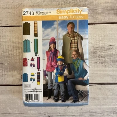 Simplicity 2743 Sewing Pattern Fleece Hats Scarf Vest Mittens Adult Child UNCUT - Image 1 of 3