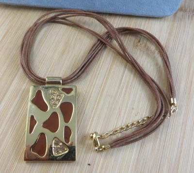 Brown Leather Multi Cord Necklace Rectangular Giraffe Spot Pendant  #557 - Image 1 of 4