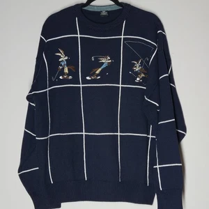 Vintage Golf Sweater Warner Bros Looney Tunes Wile E. Coyote XL Blue Pullover - Picture 1 of 6