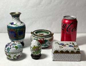 VTG Lot 5 Chinese Cloisonne Eggs/Stand, Ashtray, Apple, Trinket Box, Vase/Stand - Picture 1 of 18