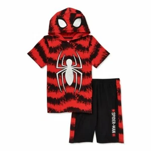 NEW Marvel Spiderman Boys Hooded Top & Shorts 2-Piece Outfit Set Size 10 - Picture 1 of 4