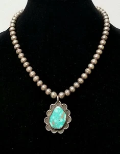 Vintage Navajo Natural Turquoise Sterling Silver Pendant Bead Necklace -Unsigned - Bild 1 von 7