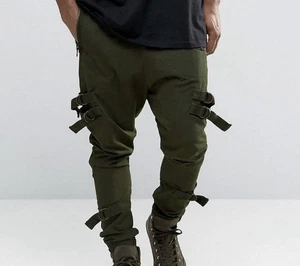 ASOS Herren Jogginghose mit tiefem Schritt und Taping in dunklem Khaki 26x32 - Grün - Bild 1 von 9