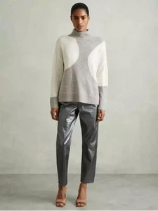 Reiss Jumper Georgia Wool Blend Block Funnel Neck Ivory/Grey Size M - Picture 1 of 4