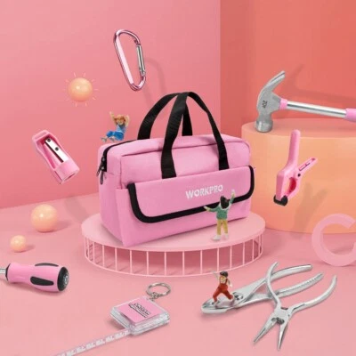 WORKPRO 23 Pieces Pink Kid Tool Kit Real Home DIY Woodworking Hand Tool With Bag