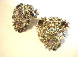 Vintage Pakula Aurora Borealis AB Earring,Signed,Goldtone,Leaf Wrap w/Rhinestone - Picture 1 of 7