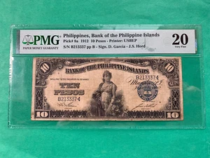 1912 BANK OF PHILIPPINES ISLANDS 10 PESOS B213337 P-8a PMG VF 20 SCARCE SIGN - Picture 1 of 2