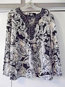 Leinen Damen schwarz, weiß & hellbraun Top Baumwolle und Viskose Leinen mit Metallnieten - groß - Bild 1 von 4