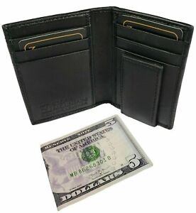 Men's Black Front Pocket Leather Magnetic Money Clip Slim Thin ID Wallet