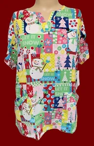 Womens Scrub Top Butter-Soft UA Polyester Stretch Christmas Snowmen Holiday - Picture 1 of 3