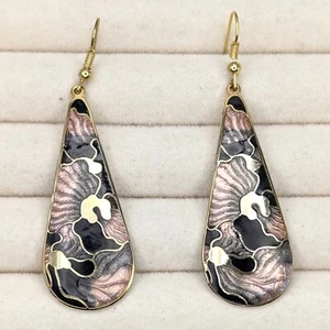 Vintage Ohrringe Hängeohrringe Cloisonne Emaille Blumen Goldfarben Metall - Bild 1 von 5