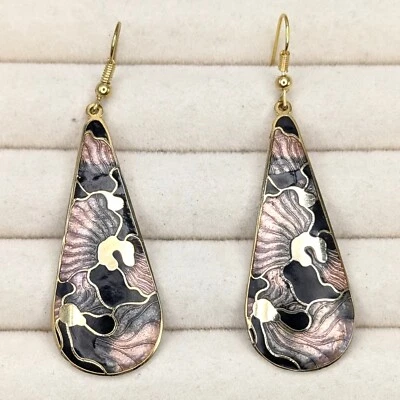 Vintage Ohrringe Hängeohrringe Cloisonne Emaille Blumen Goldfarben Metall - Bild 1 von 4