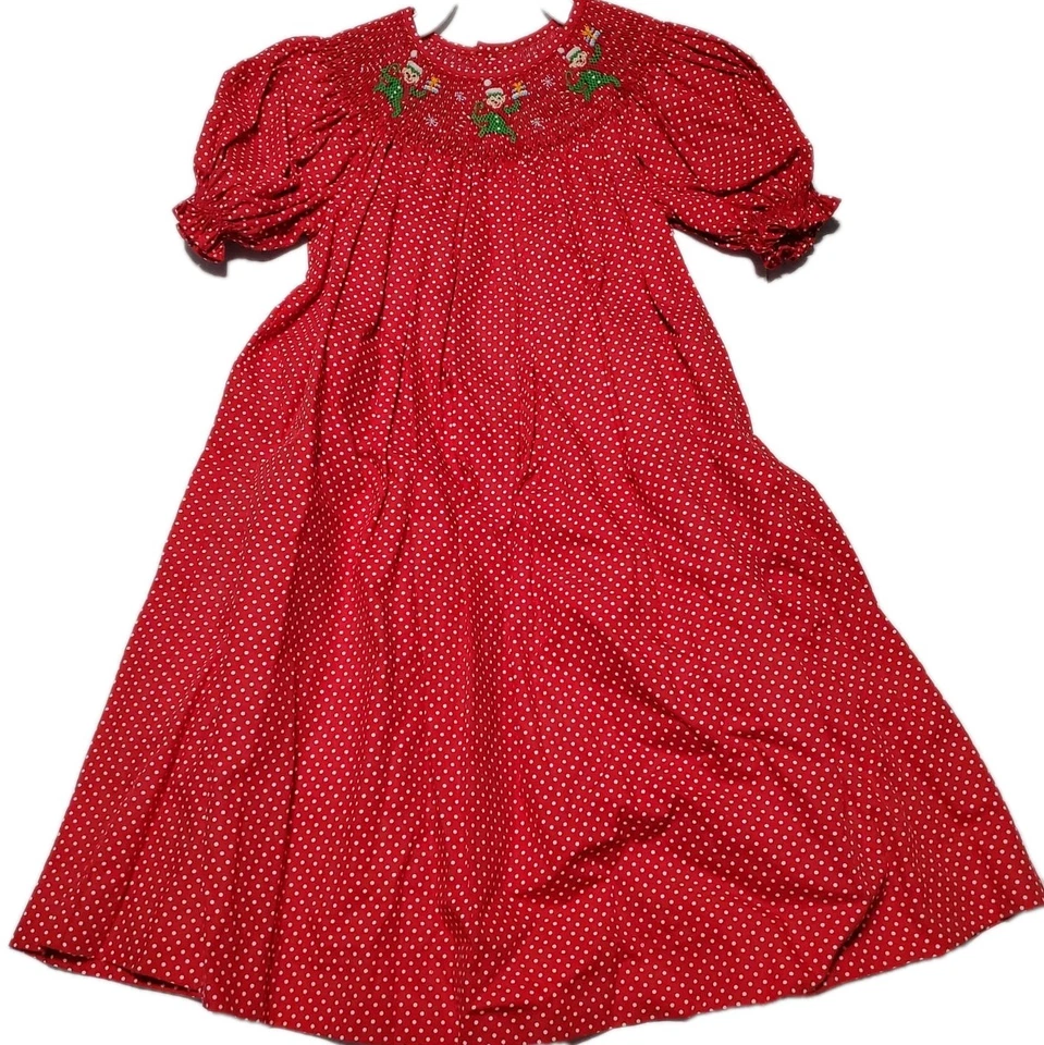 Vestido Rojo Blanco Lunares Calado Bishop Niñas Navidad Elfo Bordado 2T Foto 1 de 4
