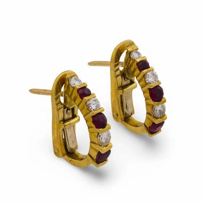 Vintage diamond ruby 18k yellow gold half hoop earrings - Image 1 of 4