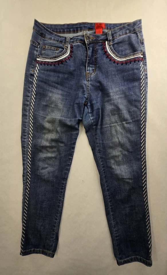 Pantalones de mezclilla V Cristina para mujer talla 10 rojos, blancos bordados festival tiro alto  Foto 1 de 4