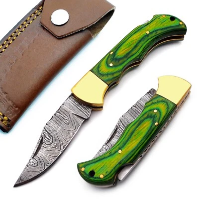 Cuchillo de bolsillo plegable con bloqueo trasero hecho a mano Damasco cuchillo de madera verde para camping   Foto 1 de 4
