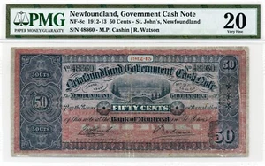 1912-13 50 Cents Newfoundland, Government Cash Note - Very Fine, PMG VF20 - Picture 1 of 2
