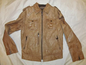 REPLAY crinkled tan camel soft leather bomber biker jacket mens XS womens S - Picture 1 of 7
