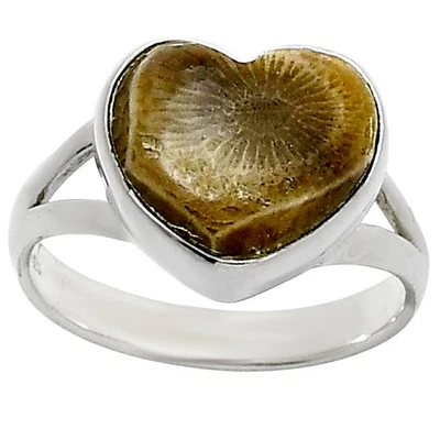Anillo Corazón Flor Natural Fósil Coral Plata de Ley 925 s.8 Joyería R-1073 Foto 1 de 4