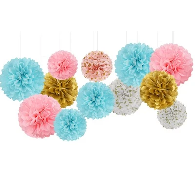 12 PIEZAS Pompones de tejido rosa azul dorado para baby shower revelación de género Foto 1 de 4