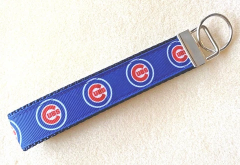 CHICAGO CUBS Key Chain Wristlet Blue Ribbon Key Fob, MLB Handmade Free Shipping Cover